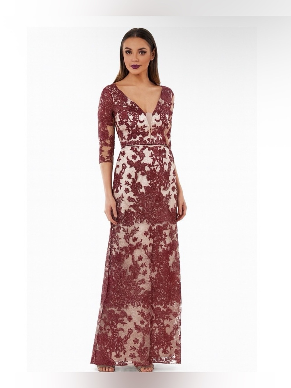NWT JS COLLECTIONS ROSE WINE EMBROIDERED LACE OVERLAY MAXI GOWN SIZE 4